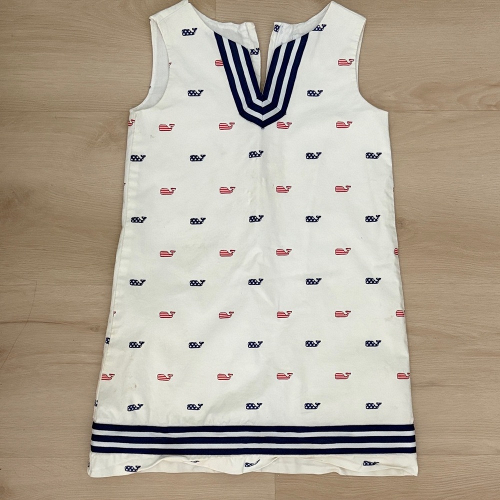 Vineyard Vines Girls White Dress with Navy and Pink Whale Print